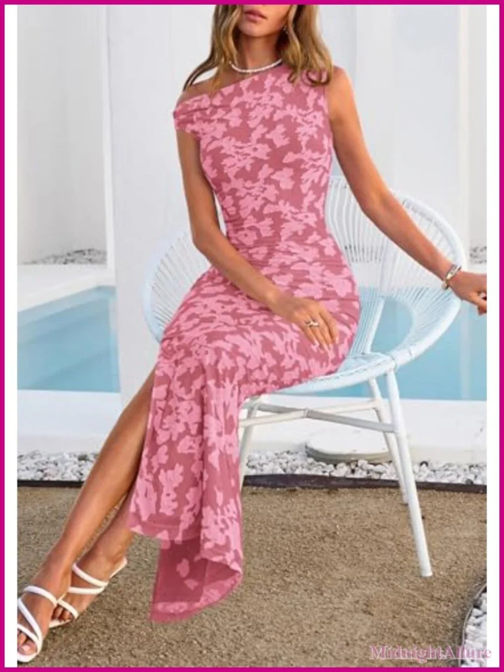 Floral One Shoulder Maxi Dress, Bodycon Ruched Cocktail Dress for Wedding Guest